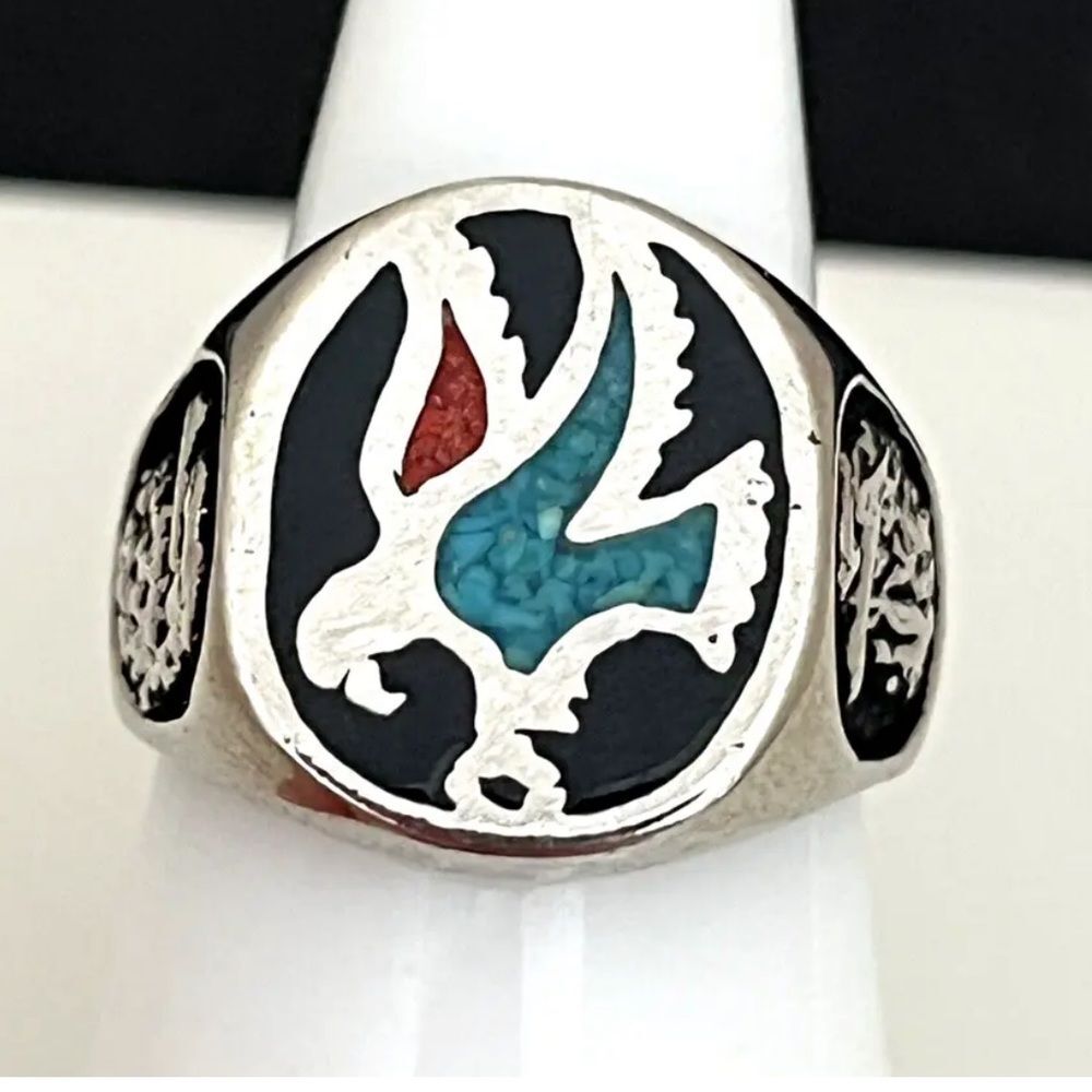 Vintage 1994 Castings On Parade Eagle Ring Size 7 Southwest Turquoise Coral - 4Q
